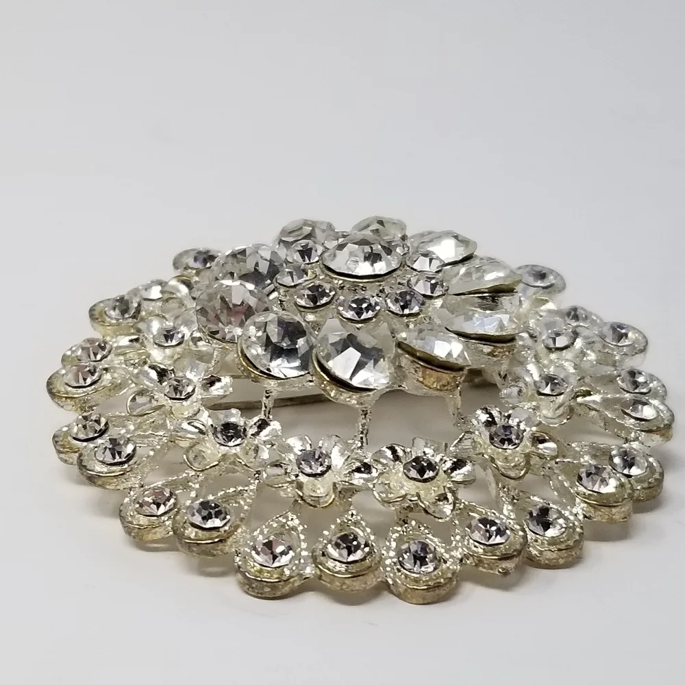 Large Clear Rhinestone Brooch Tiered Silver Tone Round 3D Flower Pin Teardrop